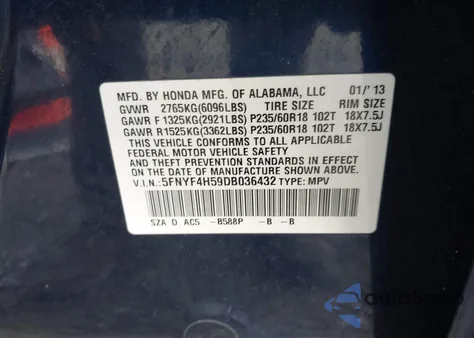 2013 Honda Pilot Ex-L из США, поврежденный, VIN 5FNYF4H59DB036432